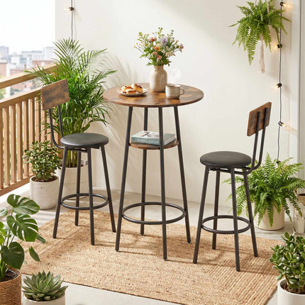 Industrial Bar Table Set, 2 Padded Stools, Shelf, Rustic Brown