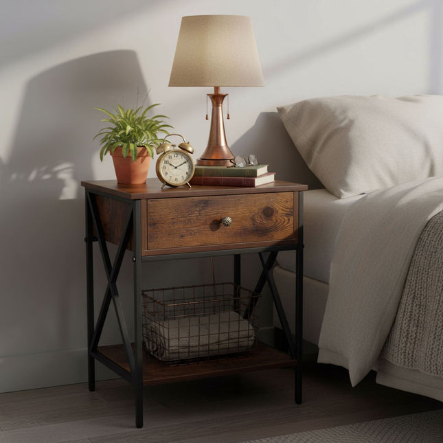 Industrial Bedside Table with Drawer and Shelf