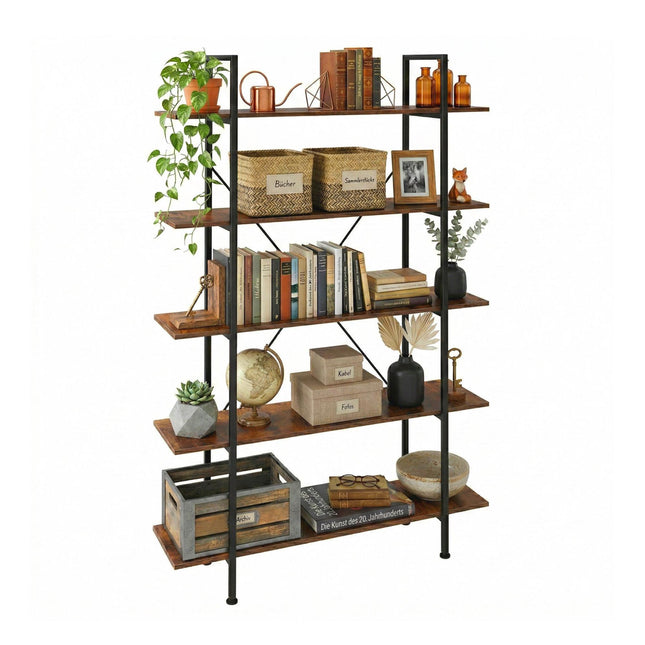 Industrial Bookcase, 5 Shelves, Wood and Metal Frame