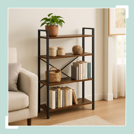 Industrial Bookcase – Black Metal & Dark Wood Shelf