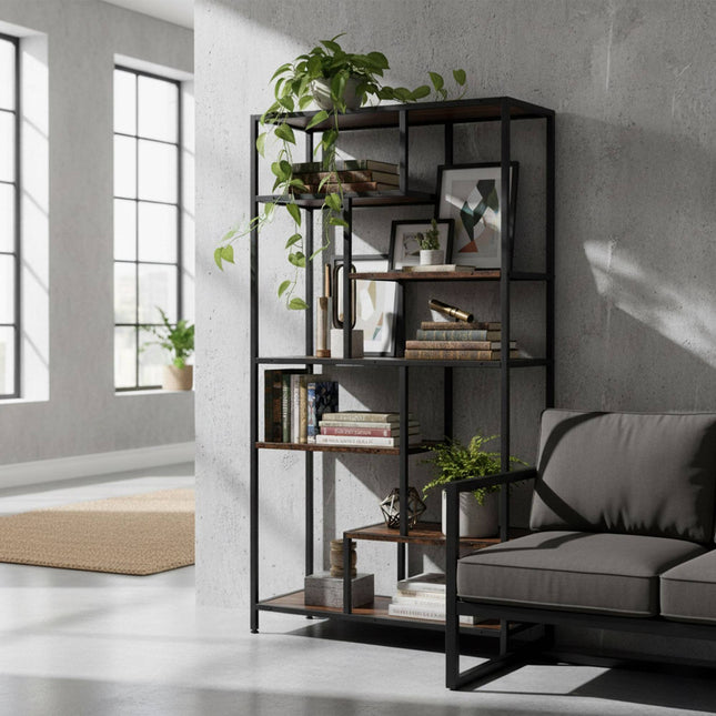 Industrial Bookshelf, 6 Shelves, Black Frame, Wood Finish