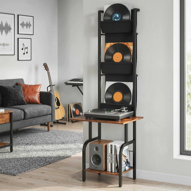 Industrial CD Shelf with 3 Fabric Pockets, Rustic Brown