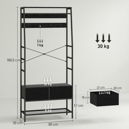 Industrial Coat Rack with Shoe Shelf, 2 Fabric Drawers, 8 Hooks