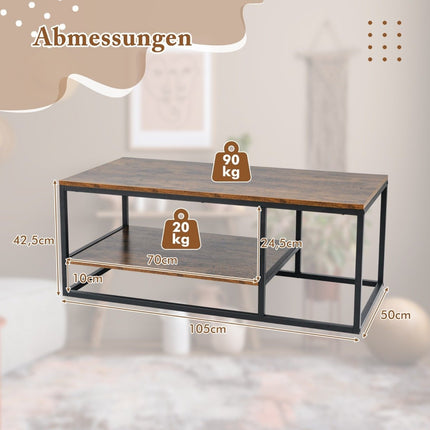 Industrial Coffee Table with Shelf & Metal Frame Rectangular Sofa Table Brown