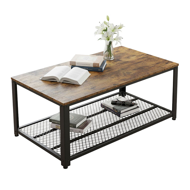 Industrial Coffee Table with Wire Shelf and Adjustable Feet