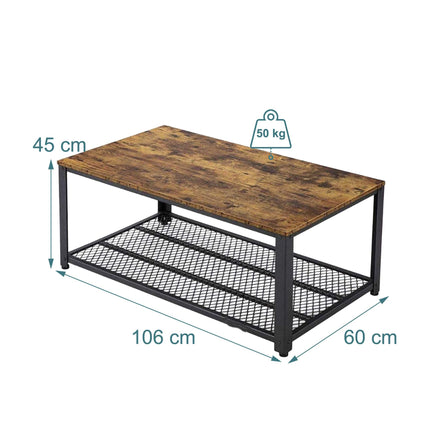 Industrial Coffee Table with Wire Shelf and Adjustable Feet