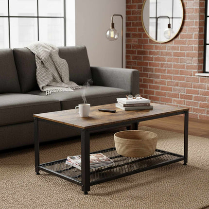 Industrial Coffee Table with Wire Shelf and Adjustable Feet