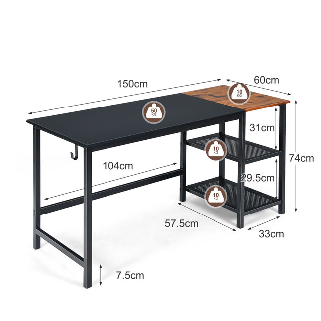 Industrial Computer Desk, 150cm, 2-Tier Shelf, Hook