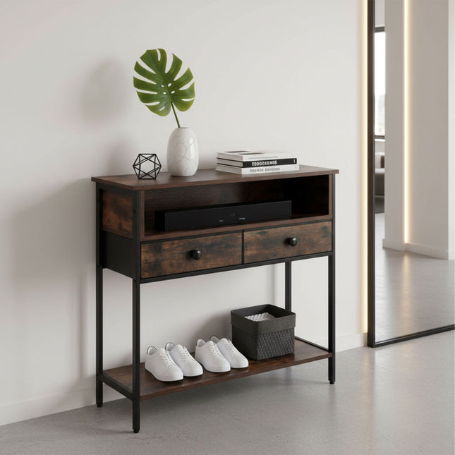 Industrial Console Table with Drawers and Shelves