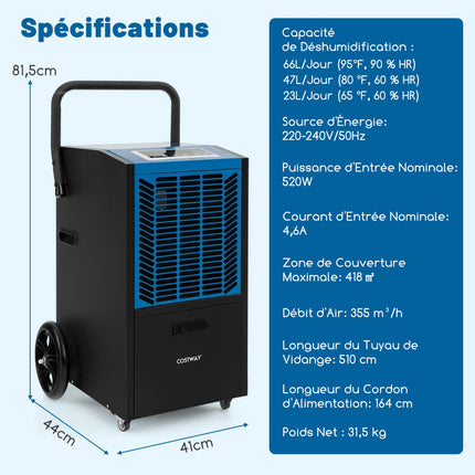 Industrial Dehumidifier 66L/Day, Pump, 418 m²