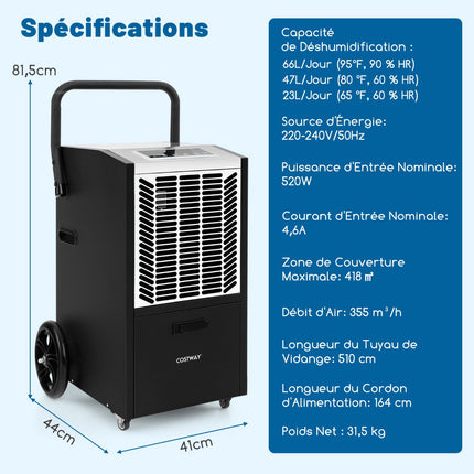 Industrial Dehumidifier 66L/Day with Pump, Drain Hose, 418 m²