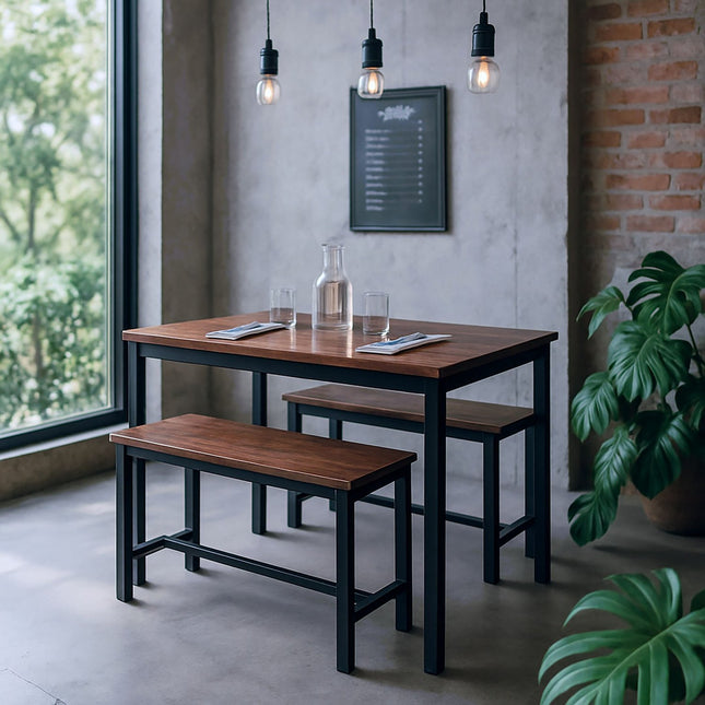 Industrial Dining Table Set, 2 Benches, Space-Saving