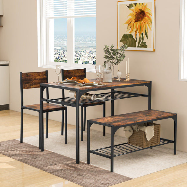 Industrial Dining Table Set With Bench, 2 Chairs, Shelves; Rustic Brown