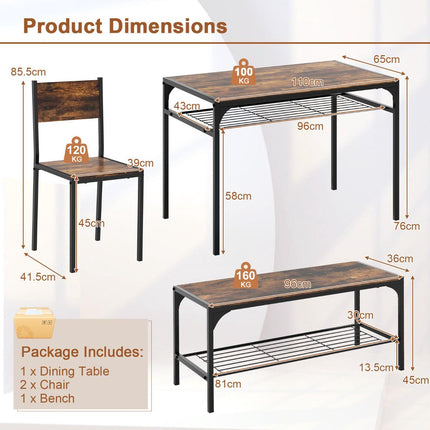 Industrial Dining Table Set With Bench, 2 Chairs, Shelves; Rustic Brown