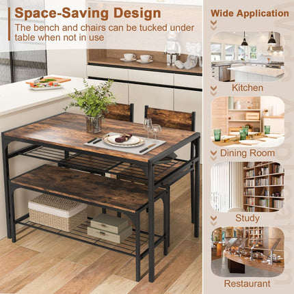 Industrial Dining Table Set With Bench, 2 Chairs, Shelves; Rustic Brown
