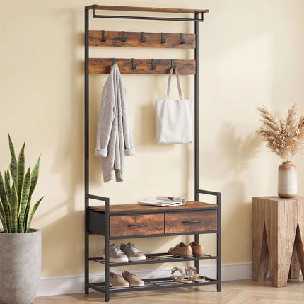 Industrial Entryway Organizer with Hooks and Shoe Bench