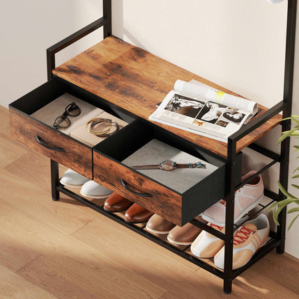 Industrial Entryway Organizer with Hooks and Shoe Bench