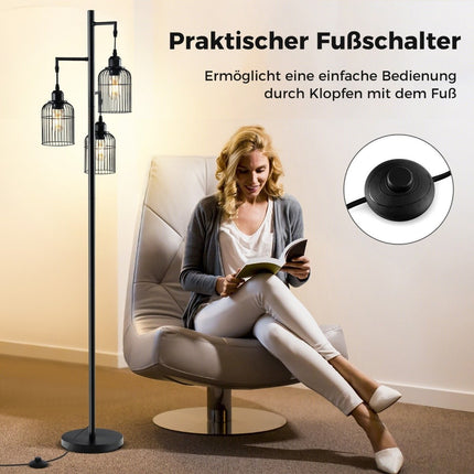 Industrial Floor Lamp, 3 Shades, Foot Switch, Black, 169 cm