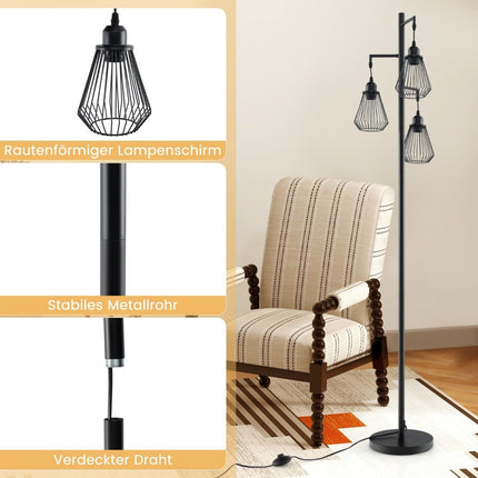 Industrial Floor Lamp with 3 Cage Shades, 169 cm, Black