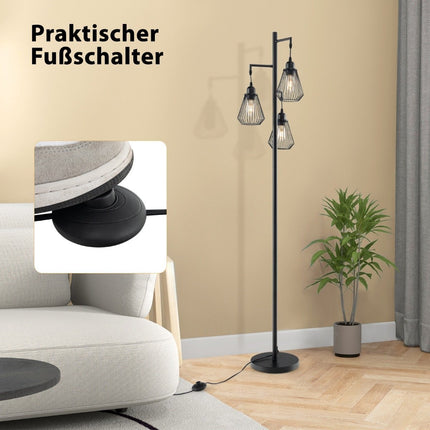 Industrial Floor Lamp with 3 Cage Shades, 169 cm, Black