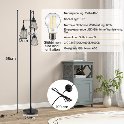 Industrial Floor Lamp with 3 Cage Shades, 169 cm, Black