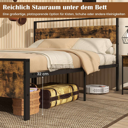 Industrial Metal Bed Frame for 200x140 cm Mattress, Wood Headboard