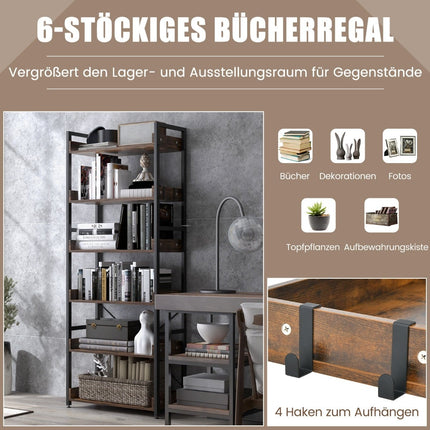 Industrial Metal Bookshelf with 6 Shelves & 4 Hooks