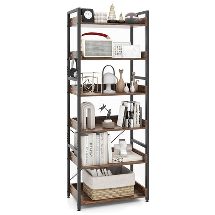 Industrial Metal Bookshelf with 6 Shelves & 4 Hooks