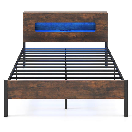 Industrial Platform Bed Frame with LED Lights, Storage Headboard, 200x140 cm