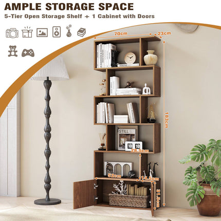Industrial S-Shaped 6-Tier Bookcase with Cabinet