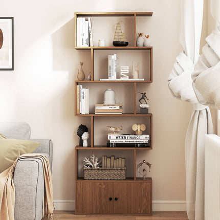 Industrial S-Shaped 6-Tier Bookcase with Cabinet