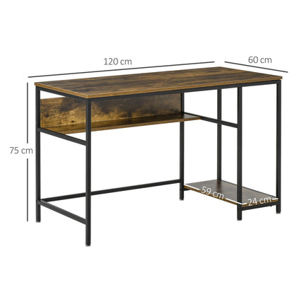 Industrial computer table with shelves, rustic brown