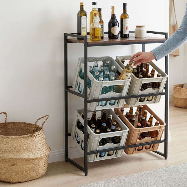 Industrial-Style Drink Crate Rack, 2-Tier, Black/Brown