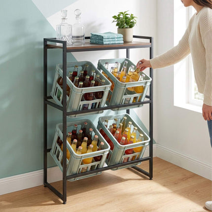 Industrial-Style Drink Crate Rack, 2-Tier, Black/Brown