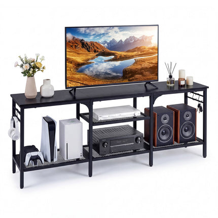 Industrial TV Stand for 65 Inch TVs with Mesh Shelves, Black, 4 Hooks