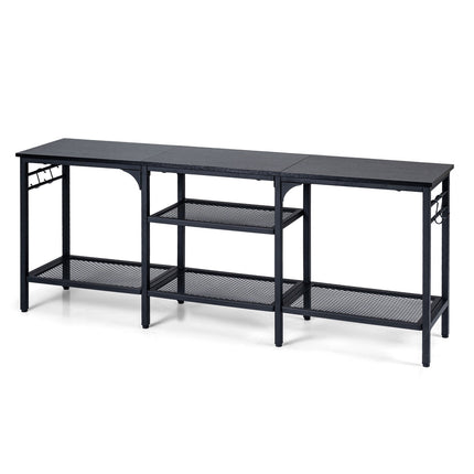 Industrial TV Stand for 65 Inch TVs with Mesh Shelves, Black, 4 Hooks