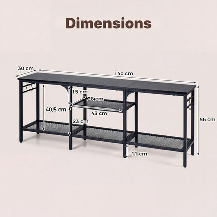 Industrial TV Stand for 65 Inch TVs with Mesh Shelves, Black, 4 Hooks