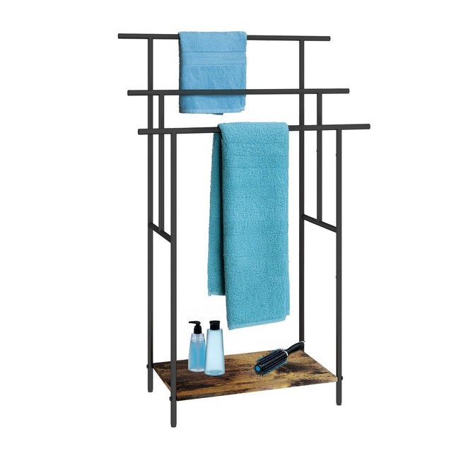 Industrial Towel Stand with Shelf – Black Metal, Wood Finish