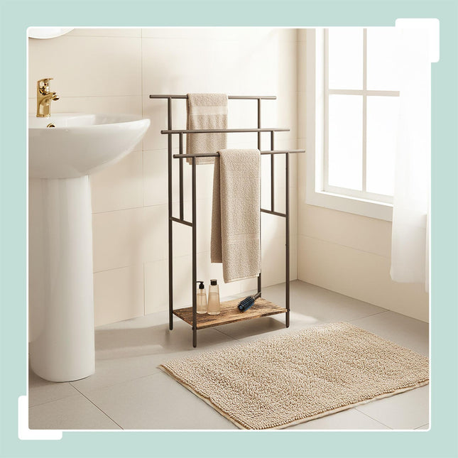 Industrial Towel Stand with Shelf – Black Metal, Wood Finish