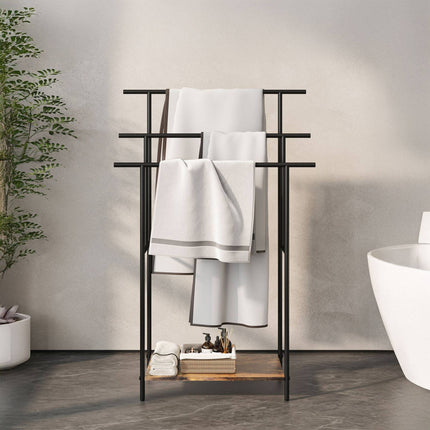 Industrial Towel Stand with Shelf – Black Metal, Wood Finish