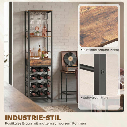 Industrial Wine Bar Cabinet with Drawer, Rustic Brown, 12-Bottle Rack