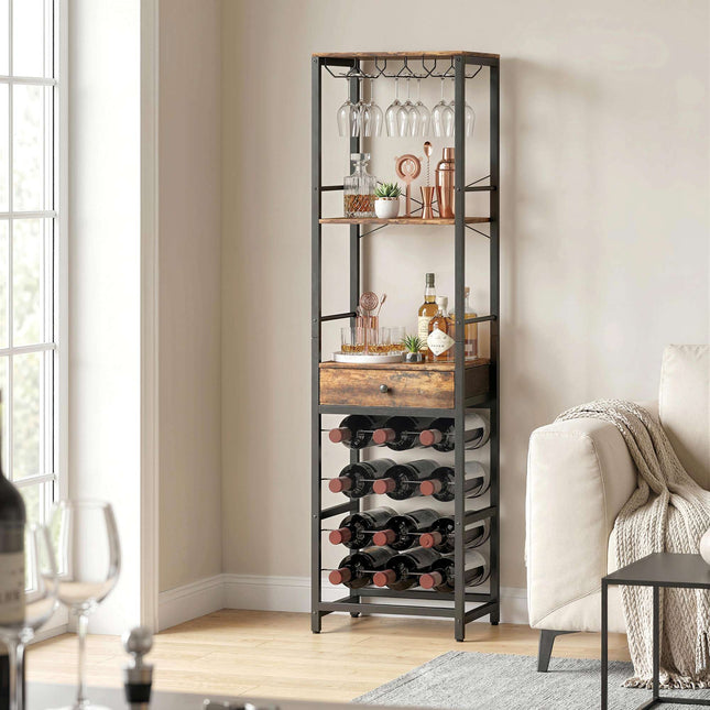 Industrial Wine Bar Cabinet with Drawer, Rustic Brown, 12-Bottle Rack