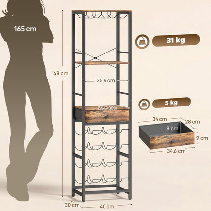 Industrial Wine Bar Cabinet with Drawer, Rustic Brown, 12-Bottle Rack