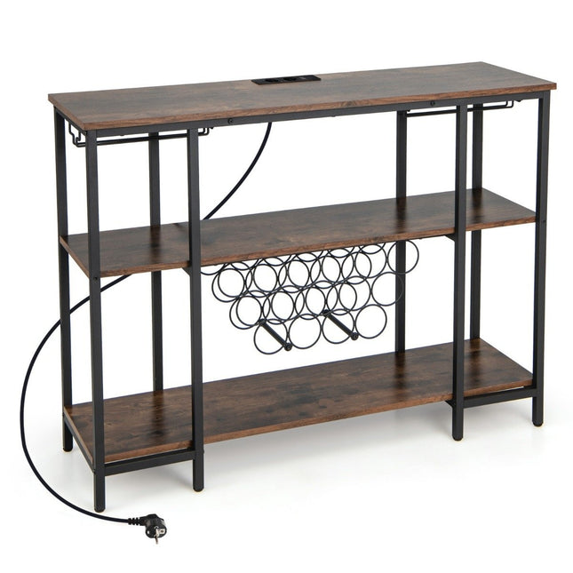 Industrial Wine Rack with Glass Holder & Shelves & Sockets for 15 Wine Bottles Wine Cabinet Brown