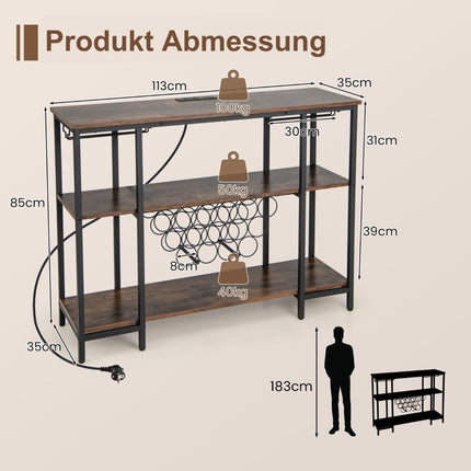 Industrial Wine Rack with Glass Holder & Shelves & Sockets for 15 Wine Bottles Wine Cabinet Brown