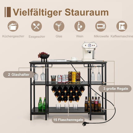 Industrial Wine Rack with Glass Holder & Shelves & Sockets for 15 Wine Bottles Wine Cabinet Gray