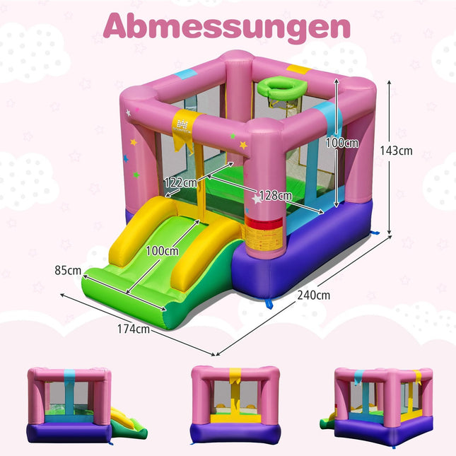 Opblaasbaar springkussen met glijbaan, basketbalring en reparatieset