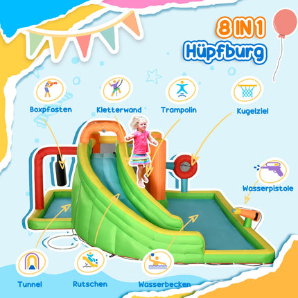 Inflatable bouncy castle with slide and water gun for children