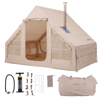 Inflatable Camping Tent, 4-Person, Air Pump, Waterproof; Chimney Port