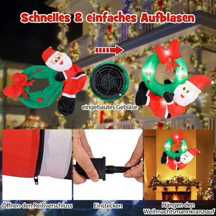 Inflatable Christmas Wreath with Santa, 120cm, LED Lights